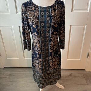 London Times Navy and Gold Patterned Long-Sleeve Midi Dress Sz 10 worn once